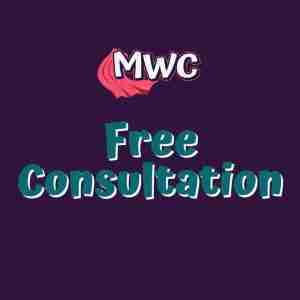 The image has a purple background with "MWC" at the top and "Free Consultation" in bold, teal and white letters, offering support for overwhelmed moms who are feeling lost and overwhelmed.