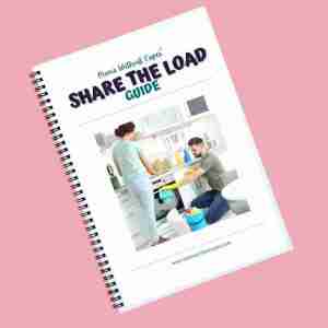A spiral-bound booklet titled "SHARE THE LOAD GUIDE" featuring a photo of a man and woman organizing cleaning supplies in a kitchen—ideal support for overwhelmed moms seeking balance and self-care.